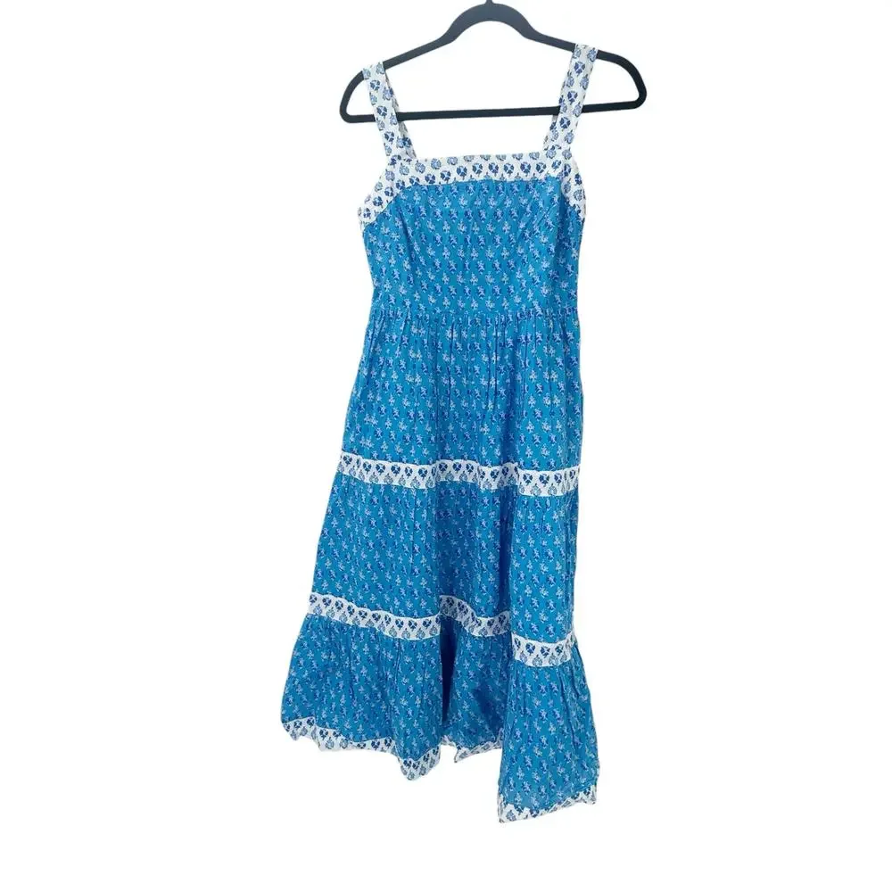 J. Crew Block Print Square Neck Smocked Floral Tiered Midi Dress Size 2 NWT_6